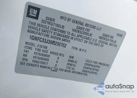 2009 Chevrolet Tahoe Ltz from USA, damaged, VIN 1GNFC33J39R298762